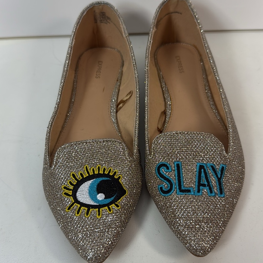 Express Glittery Beige Flats with Eye and Slay Embroidery